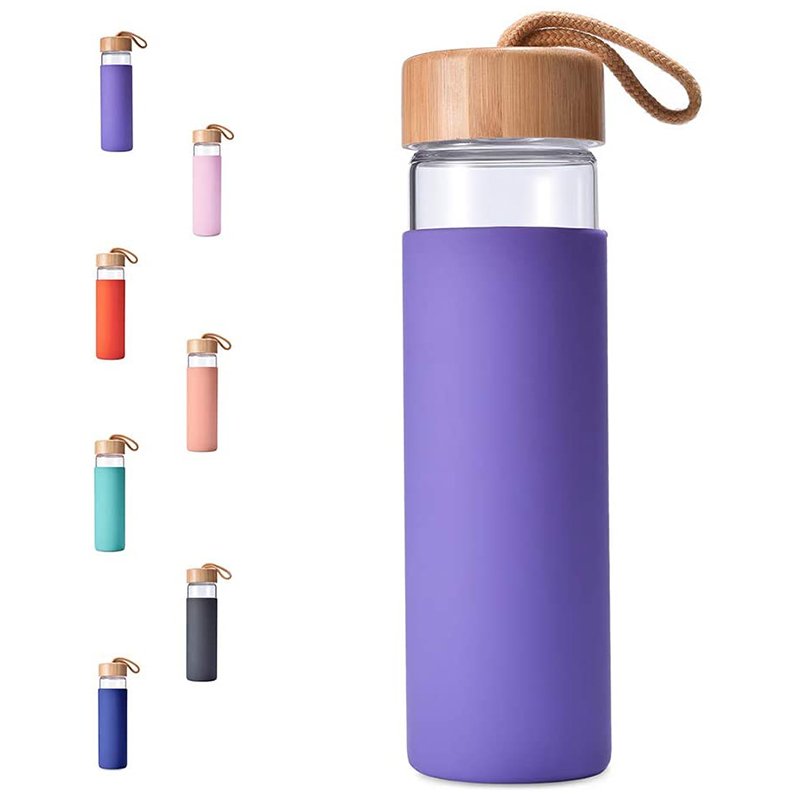 Eco friendly Borosilicate Glass BPA Free 20 Oz Water Bottle with Bamboo Lid and Silicone Sleeve