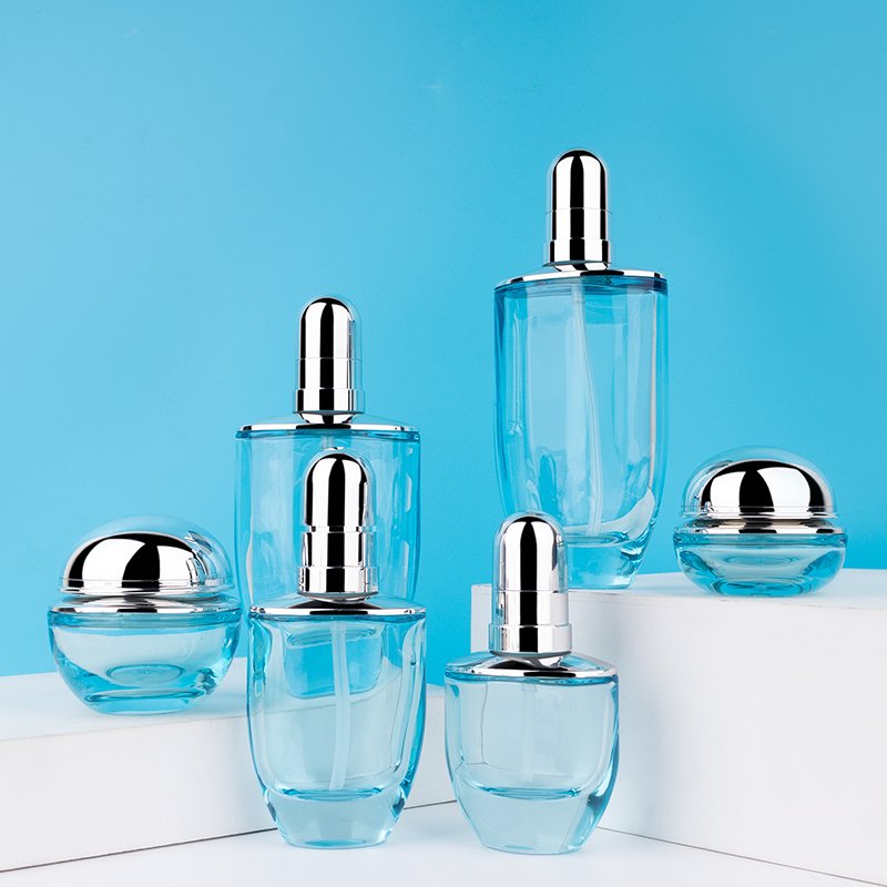 50ml 30ml luxury clear blue cosmetic face lotion cream glass bottle jar packaging set with pump