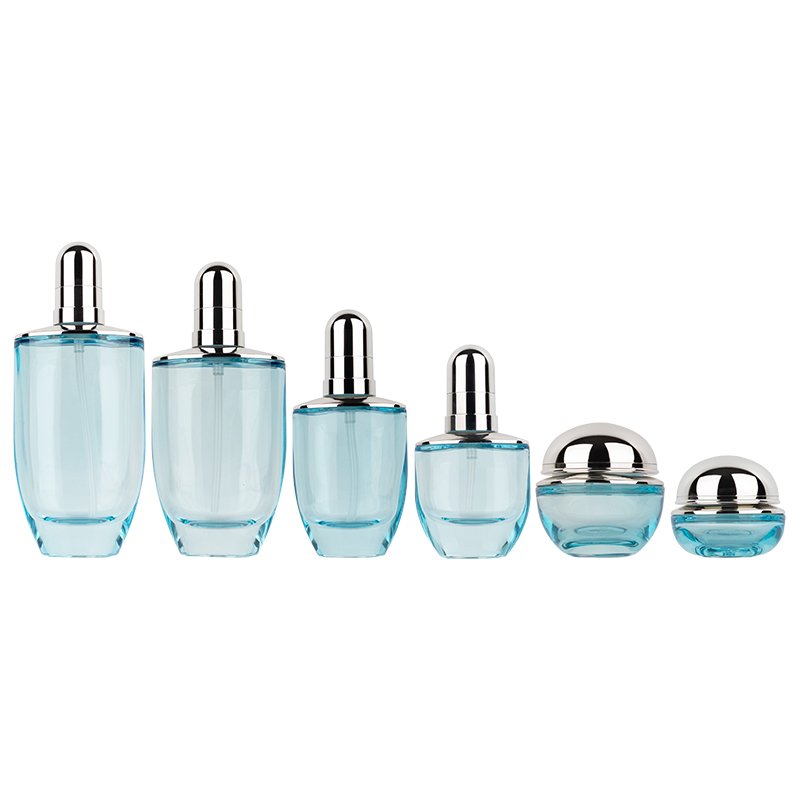 50ml 30ml luxury clear blue cosmetic face lotion cream glass bottle jar packaging set with pump