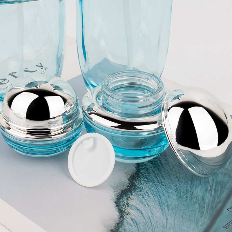 50ml 30ml luxury clear blue cosmetic face lotion cream glass bottle jar packaging set with pump