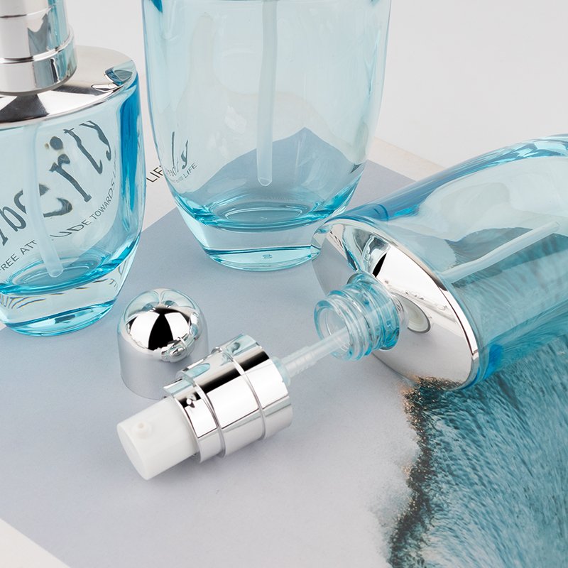 50ml 30ml luxury clear blue cosmetic face lotion cream glass bottle jar packaging set with pump