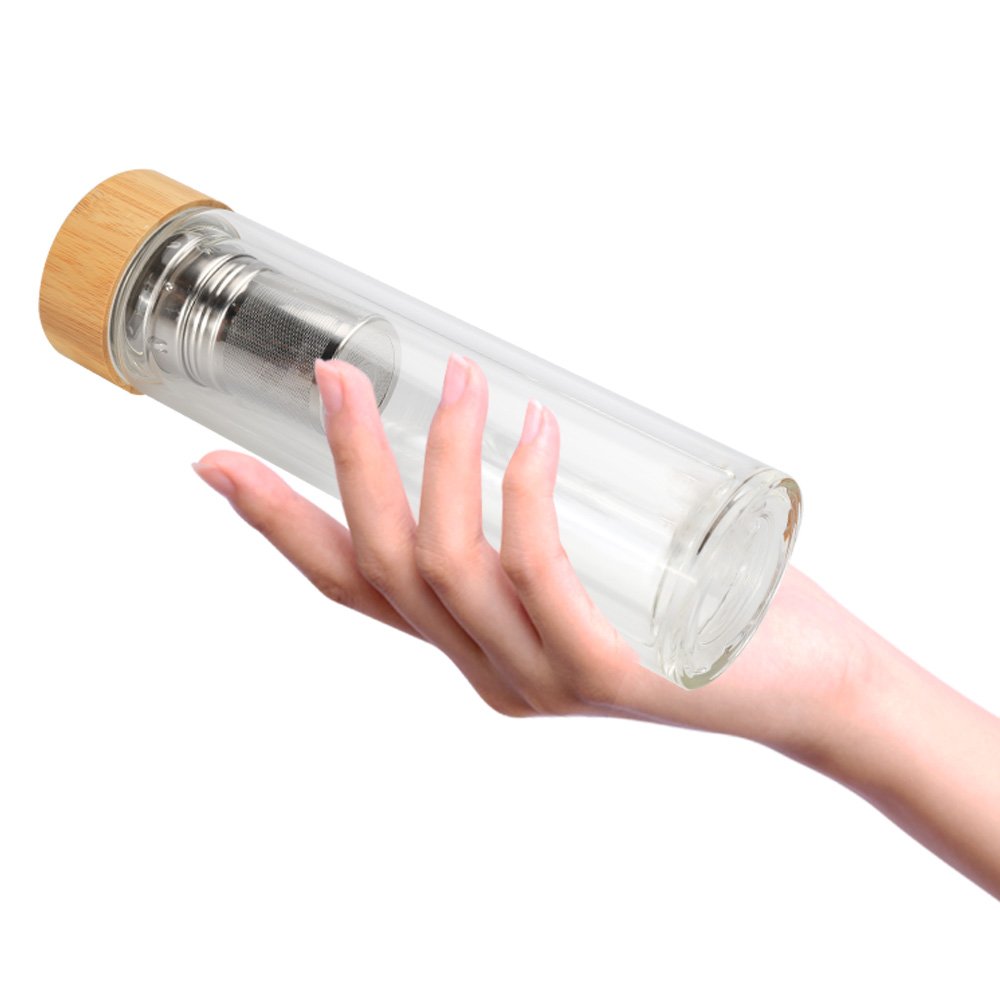 High quality Bamboo lid double wall Borosilicate tea infuser glass water bottle with leather sleeve