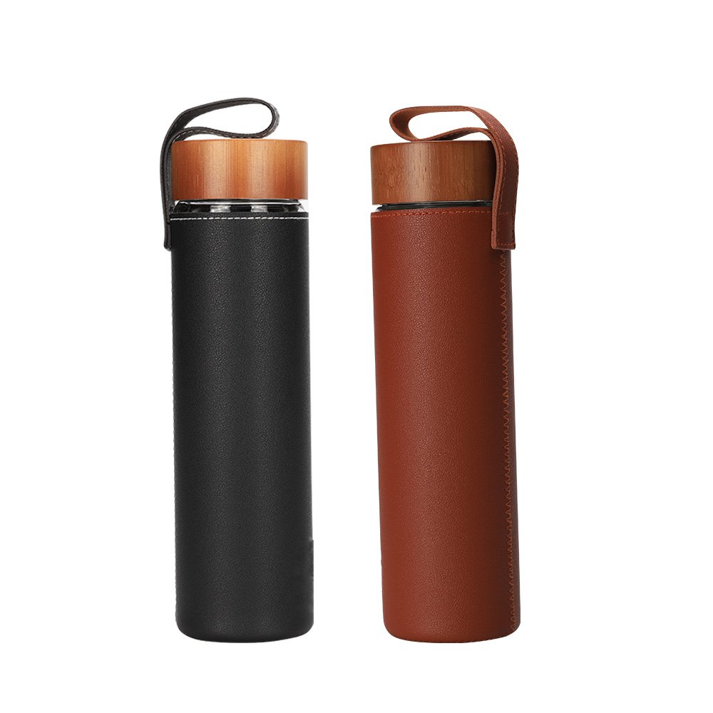 High quality Bamboo lid double wall Borosilicate tea infuser glass water bottle with leather sleeve
