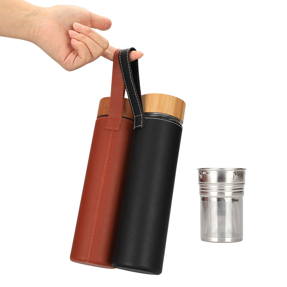 High quality Bamboo lid double wall Borosilicate tea infuser glass water bottle with leather sleeve