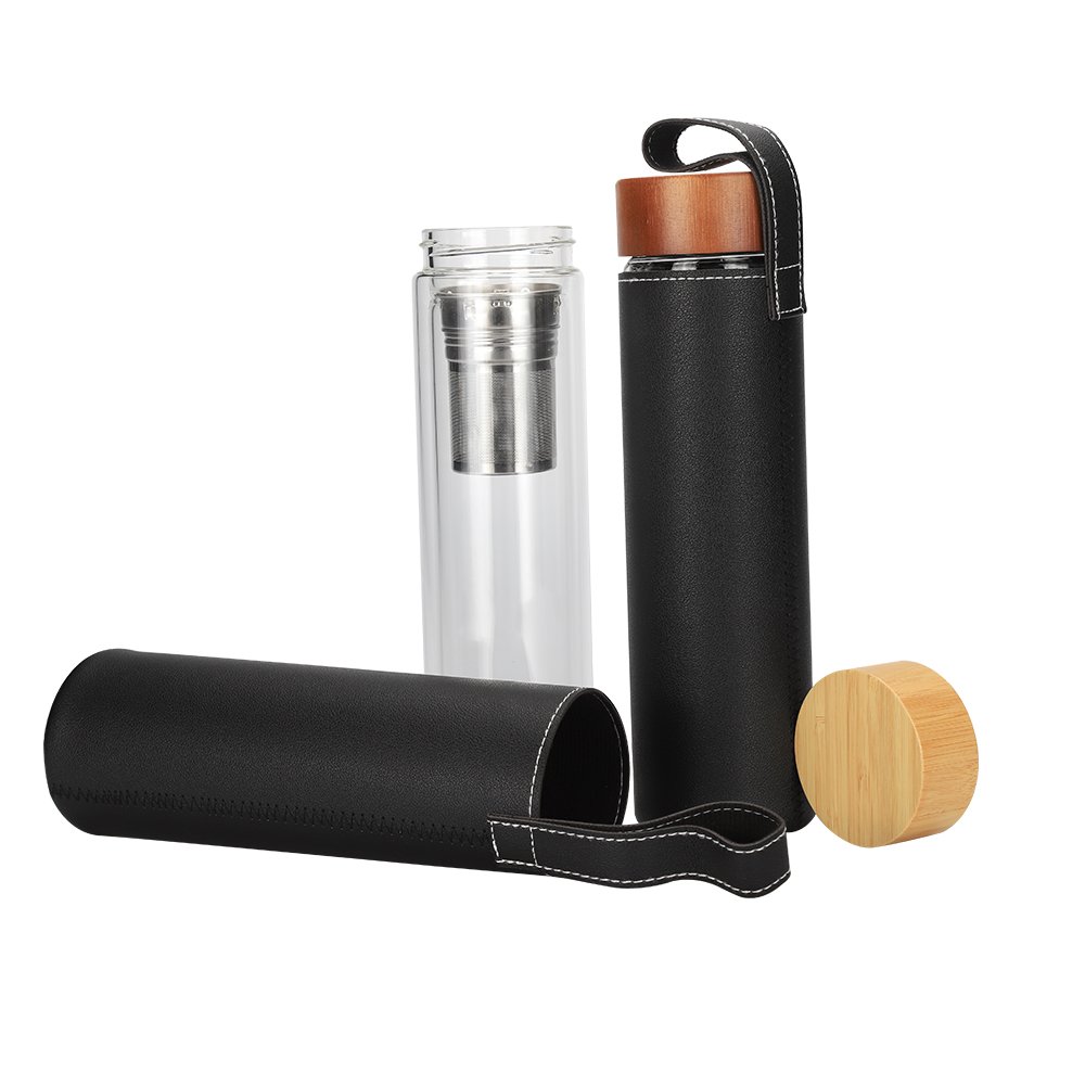 High quality Bamboo lid double wall Borosilicate tea infuser glass water bottle with leather sleeve