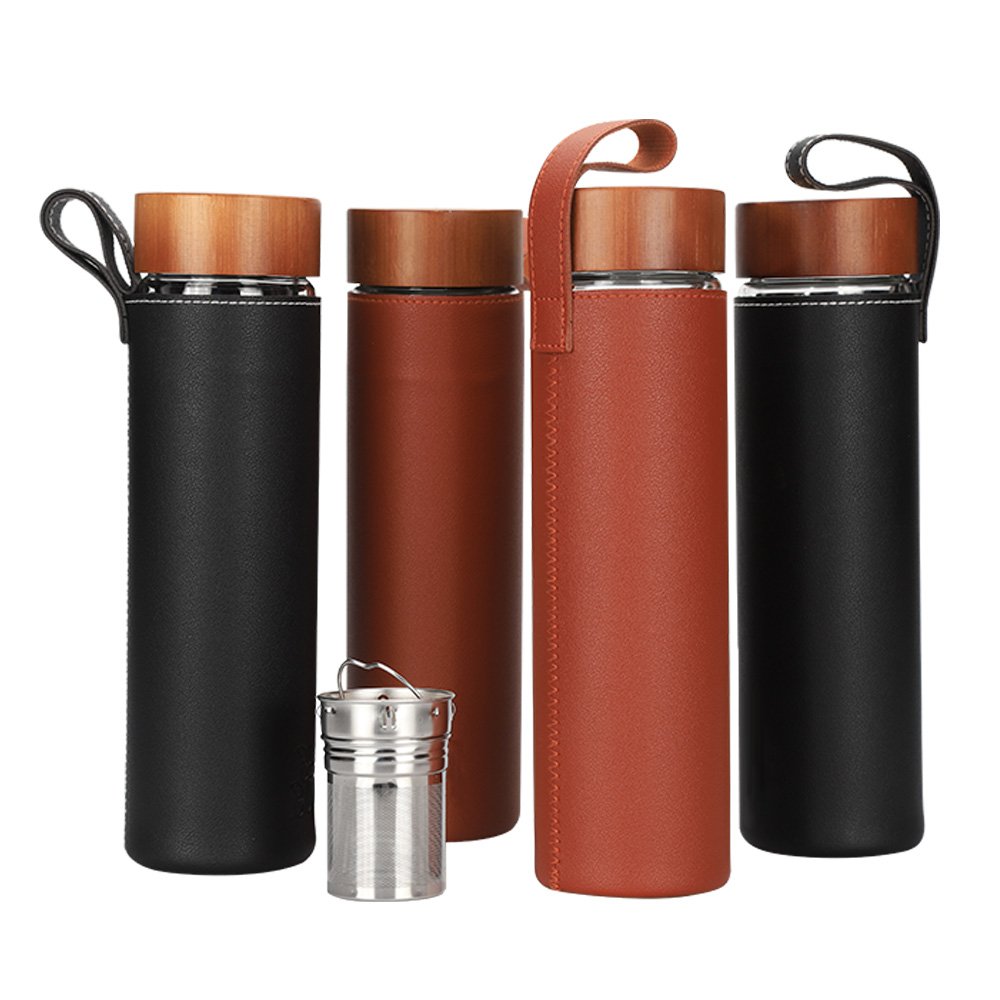 High quality Bamboo lid double wall Borosilicate tea infuser glass water bottle with leather sleeve