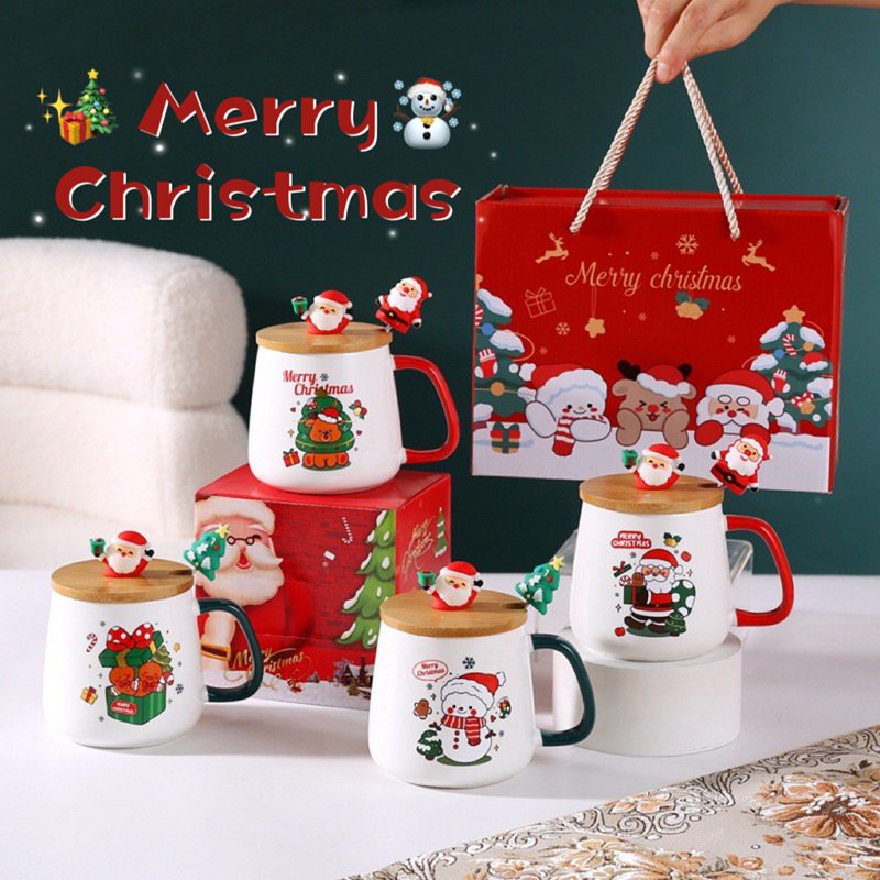 New Year Office Coffee Mug Gift Set Cute Christmas Ceramic Mug Lid Eco-Friendly Glass Thermal Home Milk Parties Includes Spoon