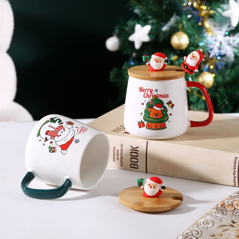 New Year Office Coffee Mug Gift Set Cute Christmas Ceramic Mug Lid Eco-Friendly Glass Thermal Home Milk Parties Includes Spoon