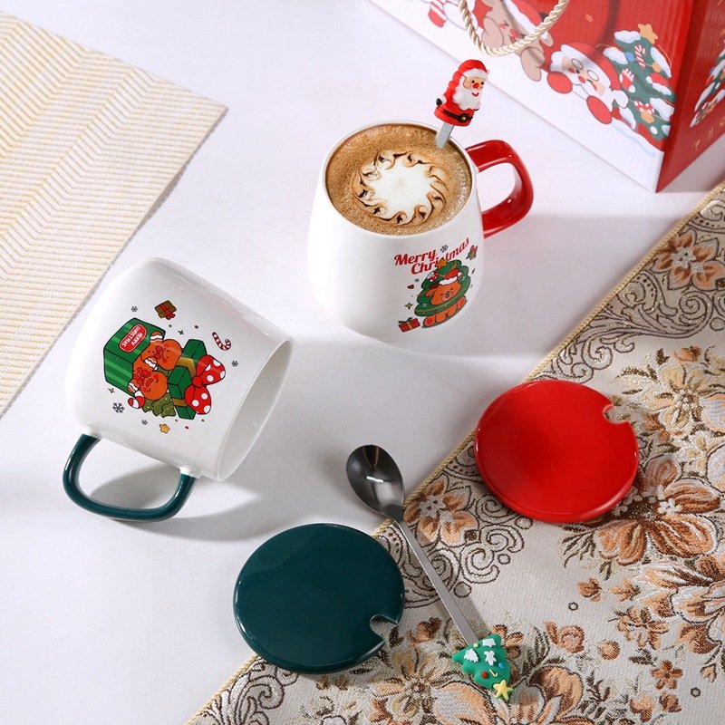 New Year Office Coffee Mug Gift Set Cute Christmas Ceramic Mug Lid Eco-Friendly Glass Thermal Home Milk Parties Includes Spoon