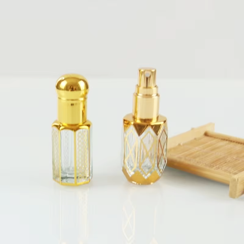Stock Arabic Attar Bottles 3ml 6ml 8ml 10ml 12ml 15ml Dubai Gold Octagon Perfume Essential Oil Glass Bottle With Stick Roller