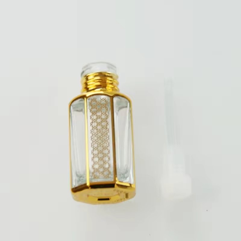 Stock Arabic Attar Bottles 3ml 6ml 8ml 10ml 12ml 15ml Dubai Gold Octagon Perfume Essential Oil Glass Bottle With Stick Roller
