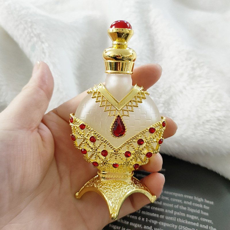 Arabic gold metal custom engraving 10ml 15ml 30ml fancy attar glass perfume essential oil bottles with gold cap