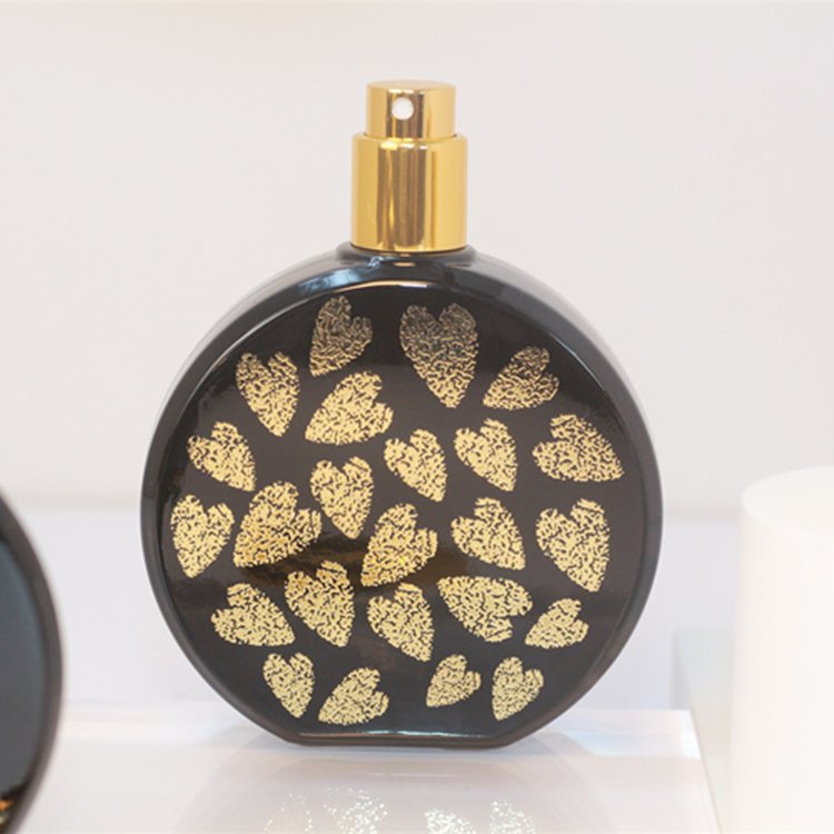 Custom Decoration Best Quality Black Spray And Front Back Foil Print Aluminum Perfume Spray-head 50ml Perfume Glass Bottle
