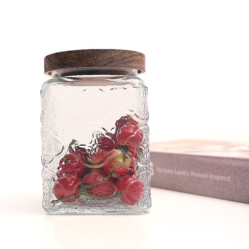 2024 New Style Luxury Wide Mouth Empty 700ml Square Cookies Glass Food Grade Storage Jar with Bamboo Lids