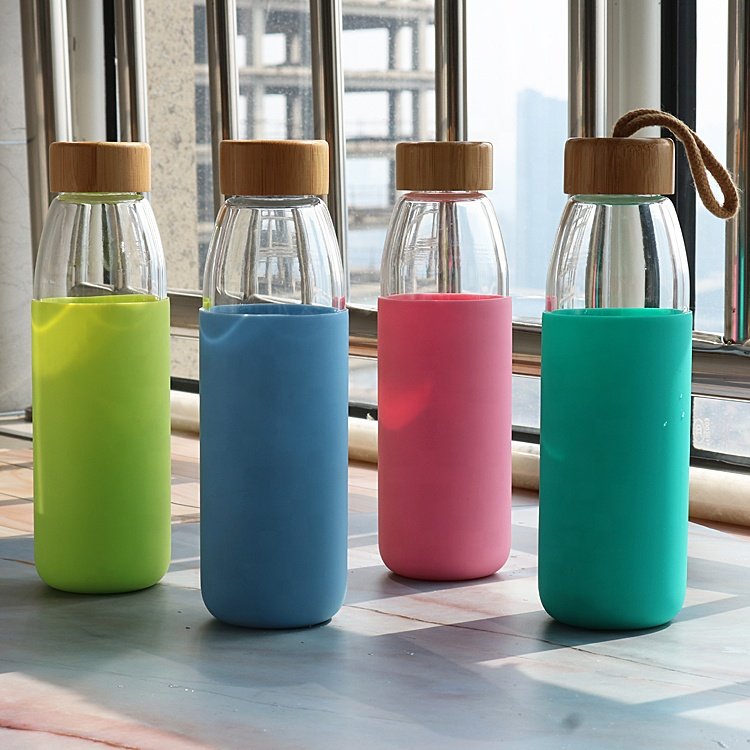 17 oz Borosilicate Glass Water Bottle with Bamboo Lid and Protective Silicone Sleeve - Wholesale Purchase
