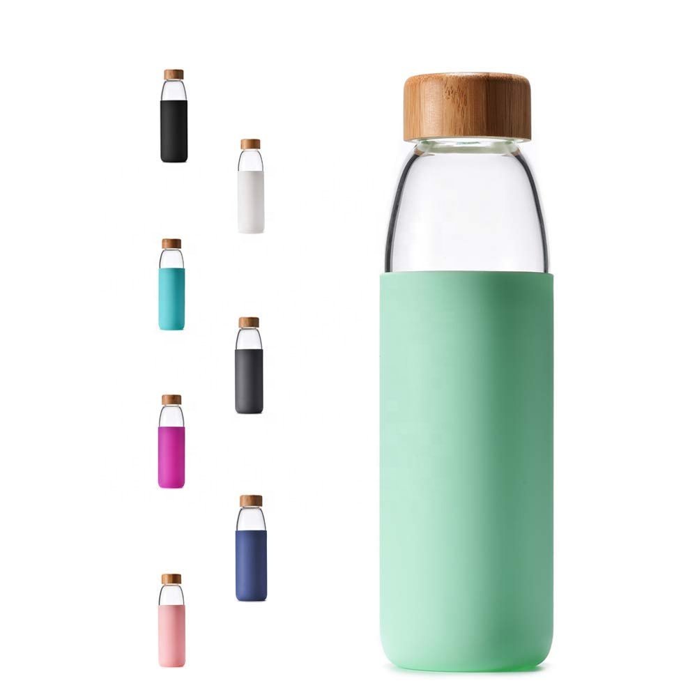 17 oz Borosilicate Glass Water Bottle with Bamboo Lid and Protective Silicone Sleeve - Wholesale Purchase