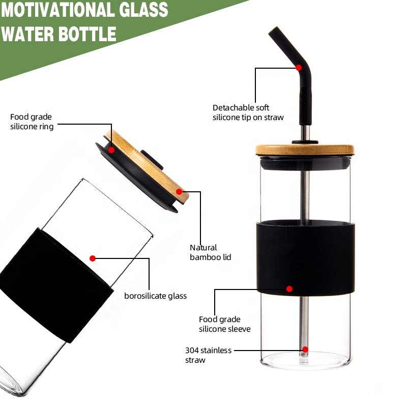 BPA free Tangible high borosilicate glass tumbler glass water bottle custom logo with bamboo lid