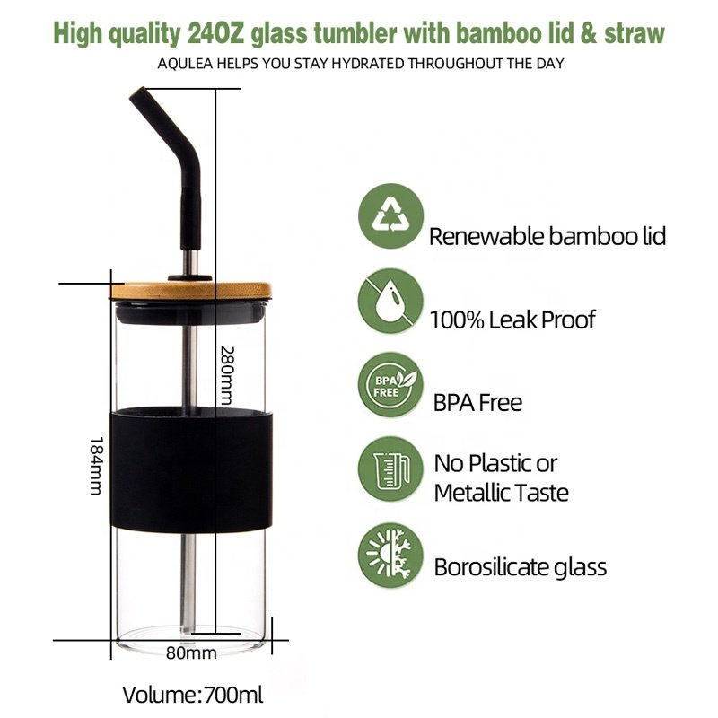BPA free Tangible high borosilicate glass tumbler glass water bottle custom logo with bamboo lid