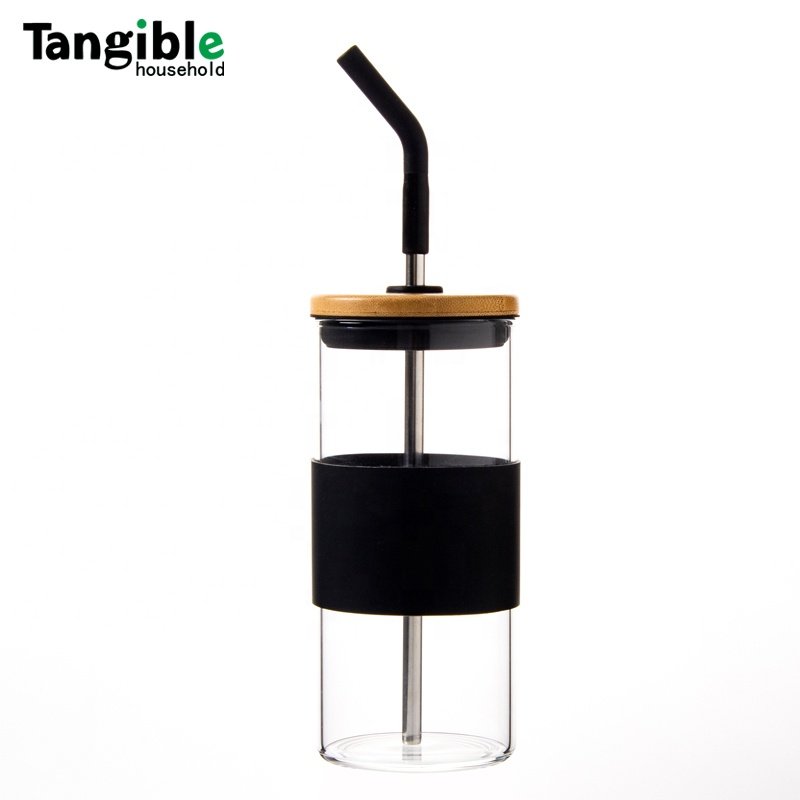 BPA free Tangible high borosilicate glass tumbler glass water bottle custom logo with bamboo lid