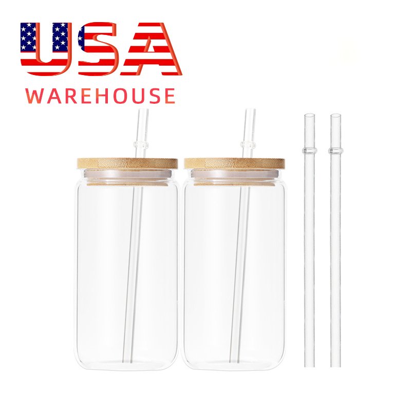 Hot 16oz Clear/Frosted Tumbler Blanks Sublimation Glass Beer Can Cups Water Bottle with Bamboo Lid