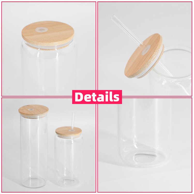 Hot 16oz Clear/Frosted Tumbler Blanks Sublimation Glass Beer Can Cups Water Bottle with Bamboo Lid