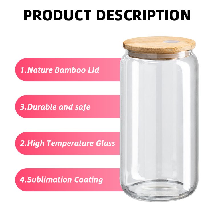 Hot 16oz Clear/Frosted Tumbler Blanks Sublimation Glass Beer Can Cups Water Bottle with Bamboo Lid