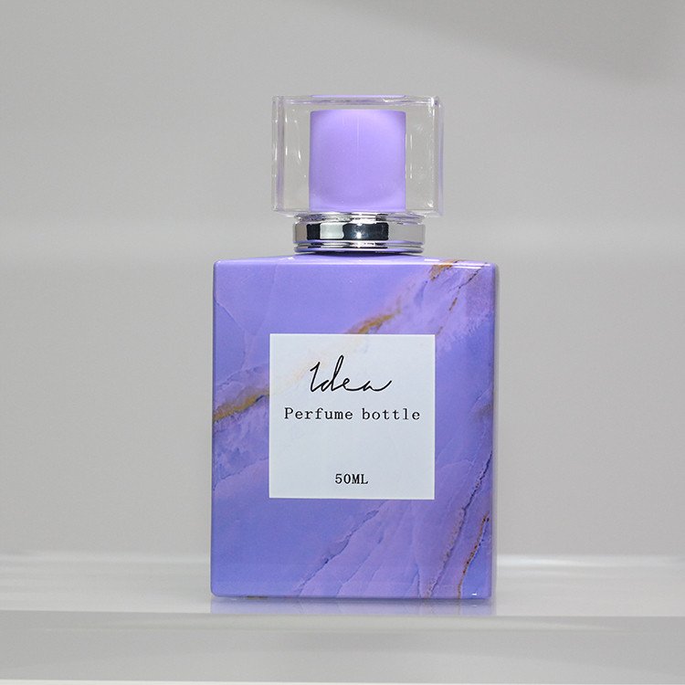 Custom Decoration Perfect Quality Colorful Vacuum Heat Transfer Purple Marbling Spray-head 75ml Perfume Glass Bottle
