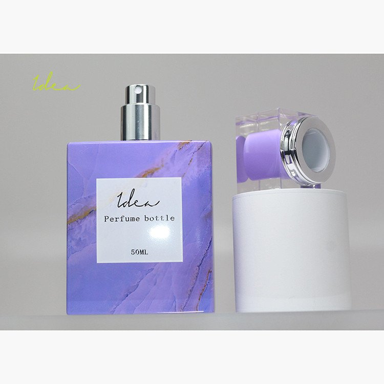 Custom Decoration Perfect Quality Colorful Vacuum Heat Transfer Purple Marbling Spray-head 75ml Perfume Glass Bottle