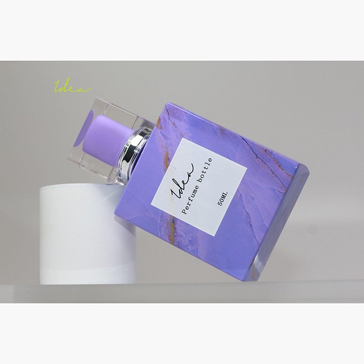 Custom Decoration Perfect Quality Colorful Vacuum Heat Transfer Purple Marbling Spray-head 75ml Perfume Glass Bottle