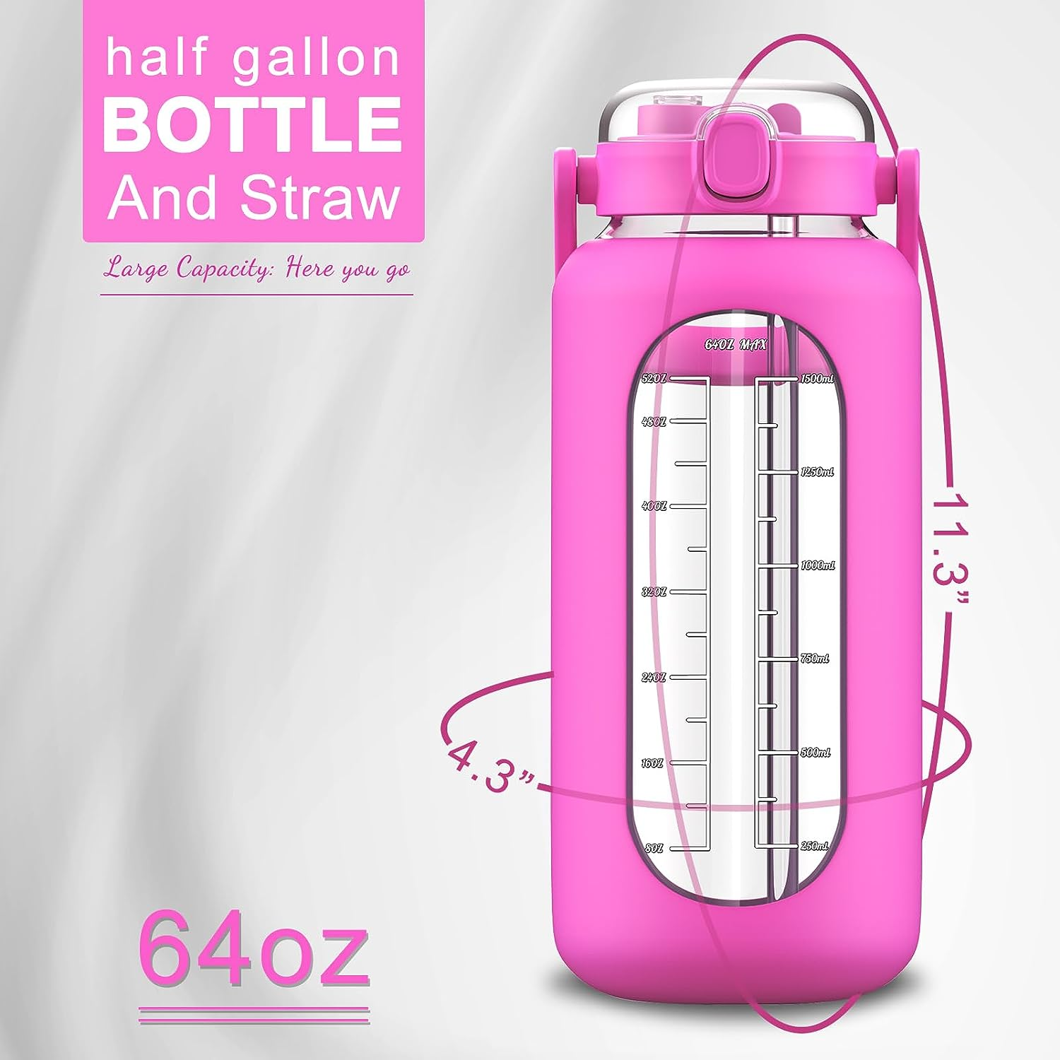 Hot 64oz motivational sport drink bottle borosilicate glass water bottle with straw silicone sleeve