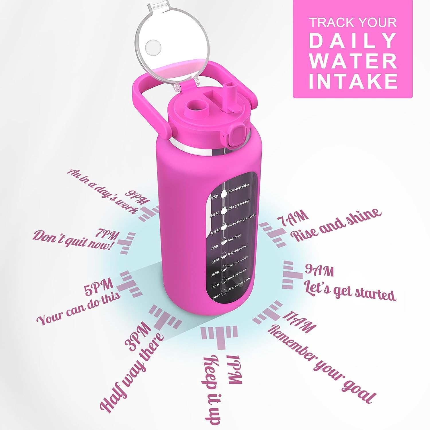 Hot 64oz motivational sport drink bottle borosilicate glass water bottle with straw silicone sleeve
