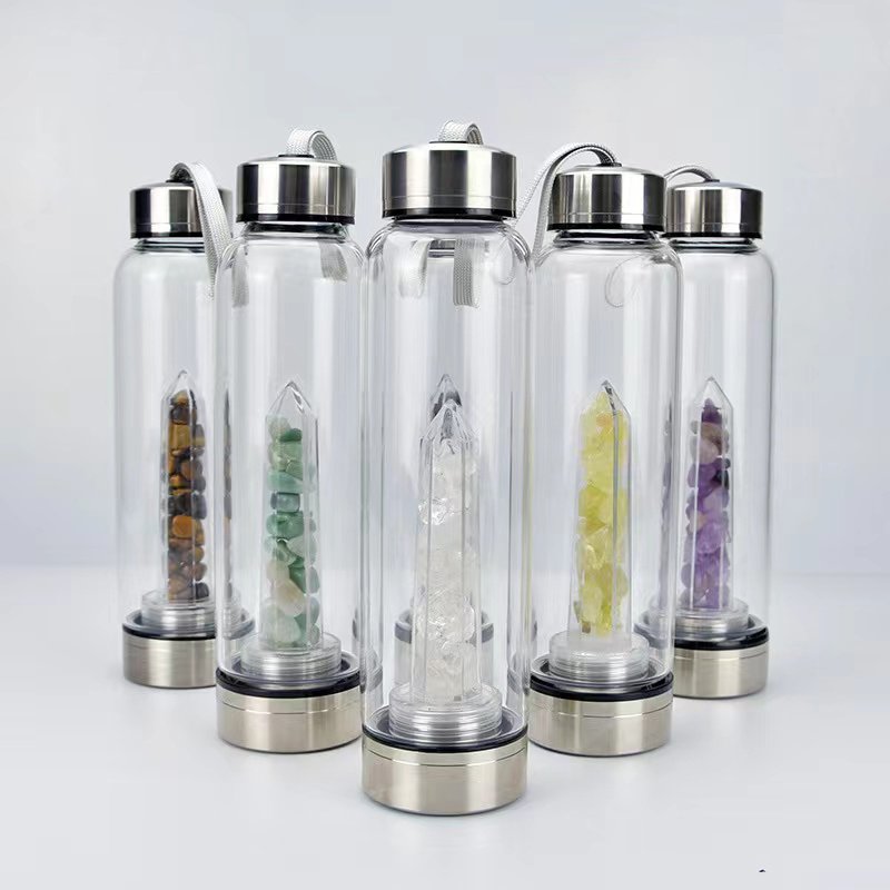 Custom Logo Healing Energy Crystal Water Bottle Bamboo Glass Rose Gold Glass Elixir Water Bottle,Crystal Water Bottle