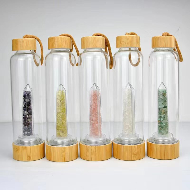 Custom Logo Healing Energy Crystal Water Bottle Bamboo Glass Rose Gold Glass Elixir Water Bottle,Crystal Water Bottle
