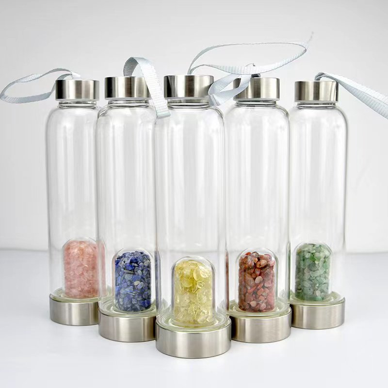 Custom Logo Healing Energy Crystal Water Bottle Bamboo Glass Rose Gold Glass Elixir Water Bottle,Crystal Water Bottle