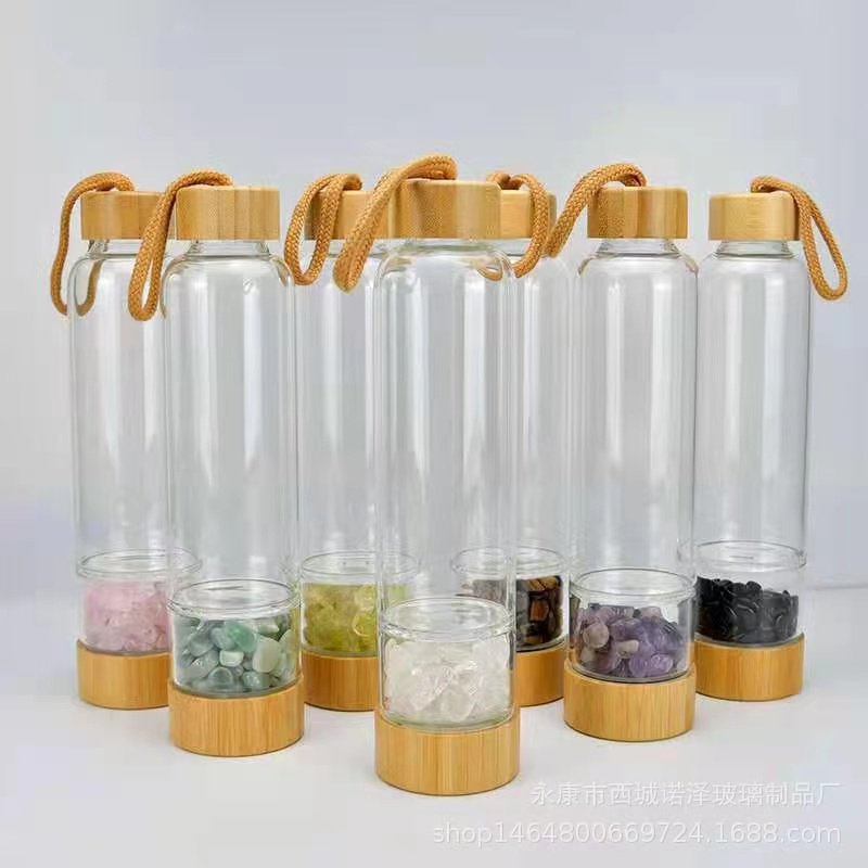 Custom Logo Healing Energy Crystal Water Bottle Bamboo Glass Rose Gold Glass Elixir Water Bottle,Crystal Water Bottle