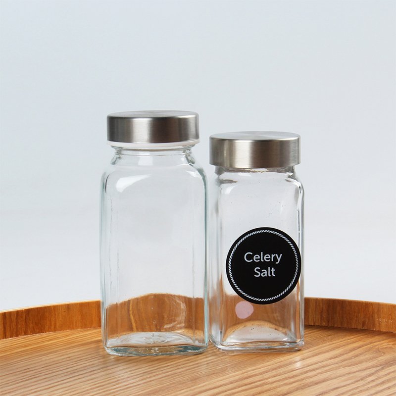 Glass Spice Jars with Labels 8oz Empty Square Spice Bottles with lid
