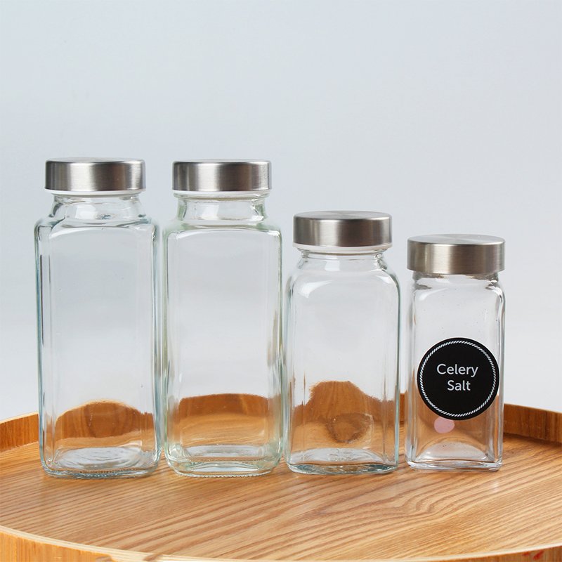 Glass Spice Jars with Labels 8oz Empty Square Spice Bottles with lid