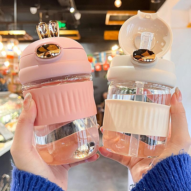 Cheap straw cute bunny cup Girl student portable coffee cup summer glass bottle