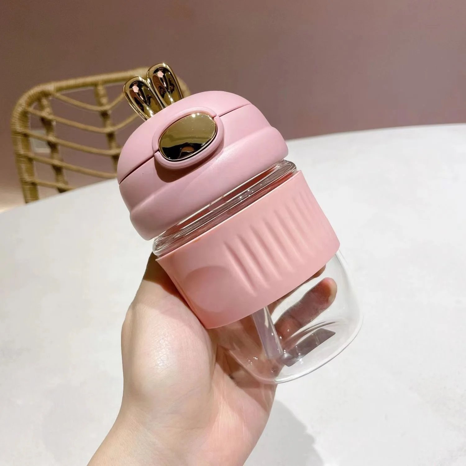 Cheap straw cute bunny cup Girl student portable coffee cup summer glass bottle