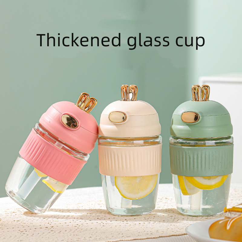 Cheap straw cute bunny cup Girl student portable coffee cup summer glass bottle