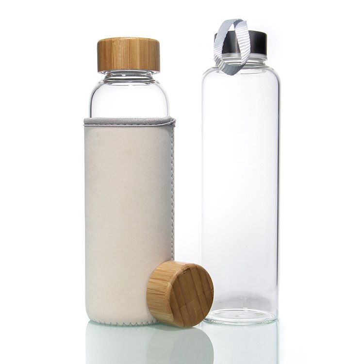 Custom Logo Glass Portable Borosilicate Mineral Water Bottle With Bamboo Lid