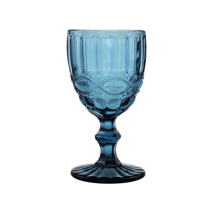 Vintage Glass Wine Goblet Kitchen Glassware Wedding Colored Goblets Wine Glasses Water Cup Champagne Pressed Blue CLASSIC 24pcs