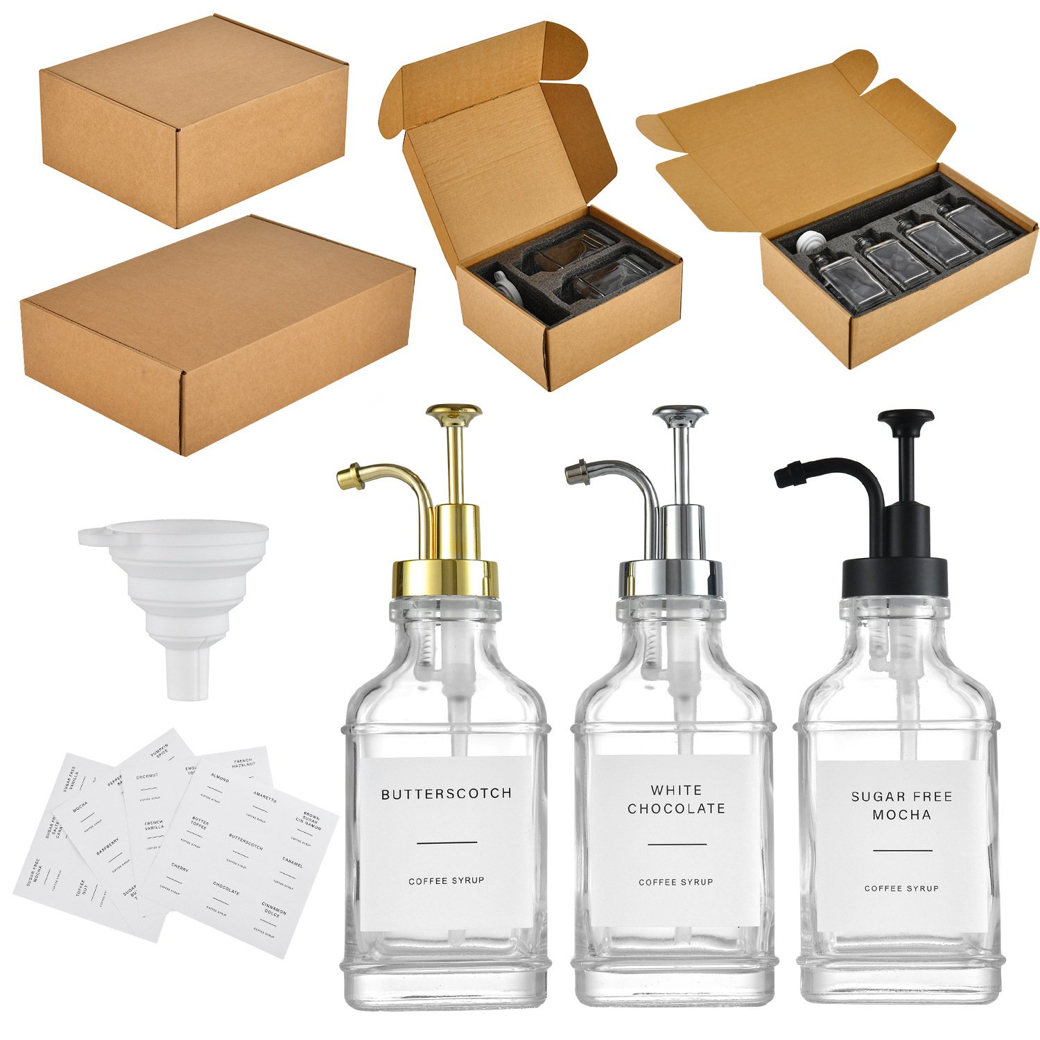 Wholesale Custom packing 500ml Coffee Syrup Dispenser Gold Pump Dispenser Maple Coffee Syrup Glass Bottle