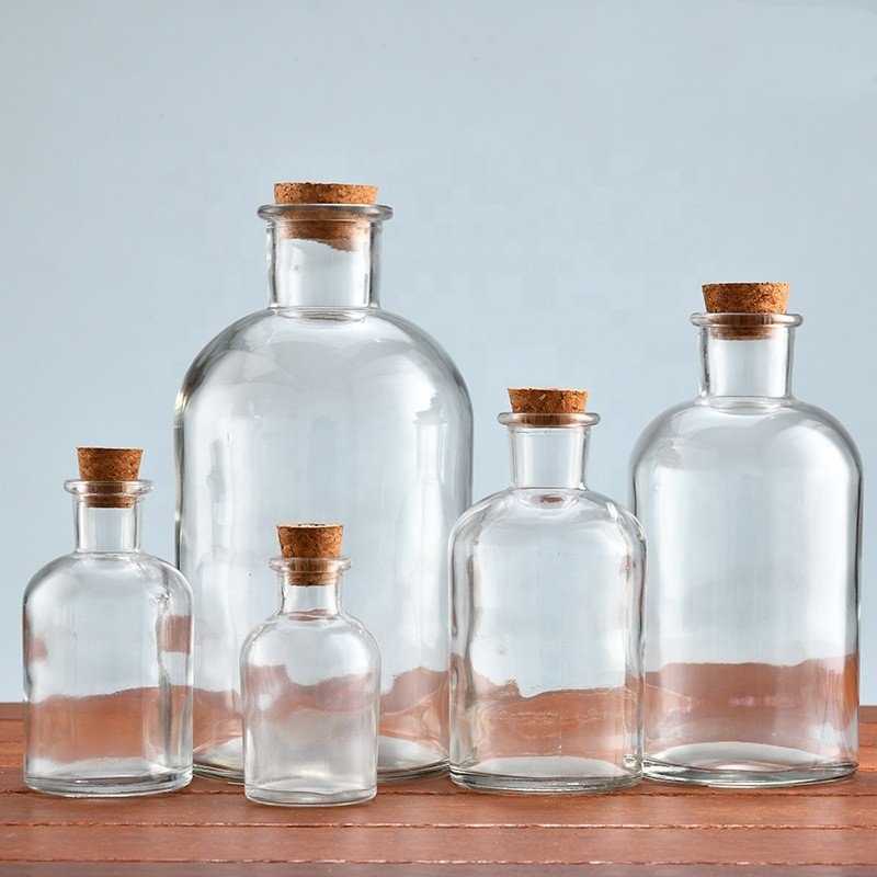 60ml 125ml 250ml 500ml 1000ml Boston Round Clear Glass Bottle with Cork stopper oils witch spells wedding favors bath bubble