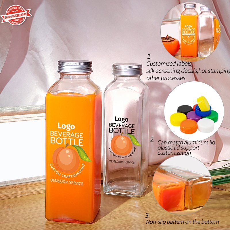Rectangle 350ml 400ml 500ml Milk Tea Juice Beverage Glass Bottle With Aluminum Cap