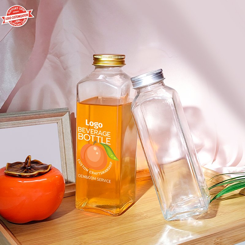 Rectangle 350ml 400ml 500ml Milk Tea Juice Beverage Glass Bottle With Aluminum Cap