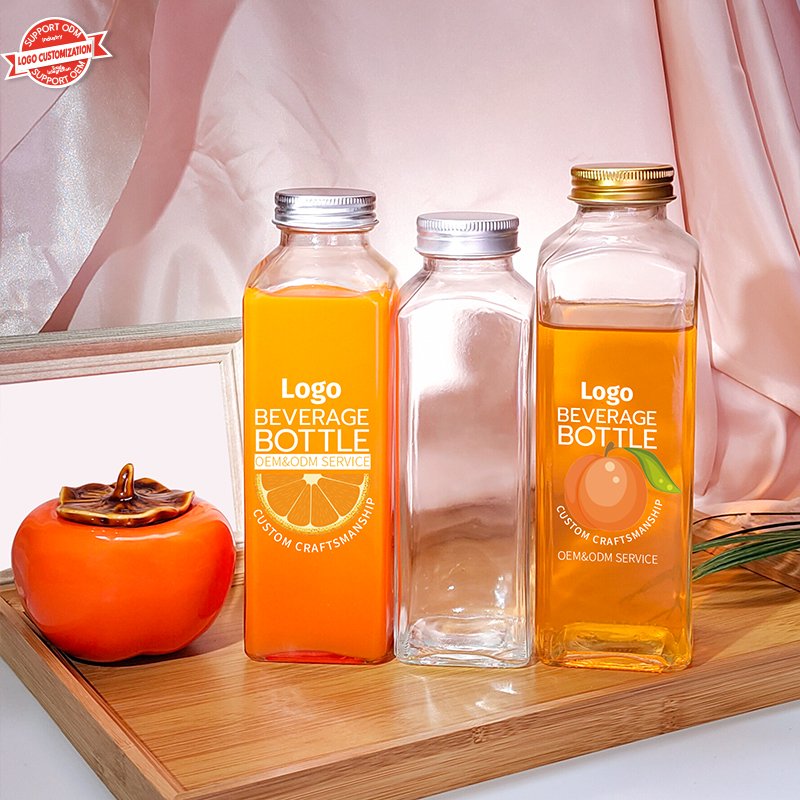 Rectangle 350ml 400ml 500ml Milk Tea Juice Beverage Glass Bottle With Aluminum Cap