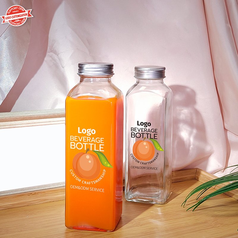 Rectangle 350ml 400ml 500ml Milk Tea Juice Beverage Glass Bottle With Aluminum Cap