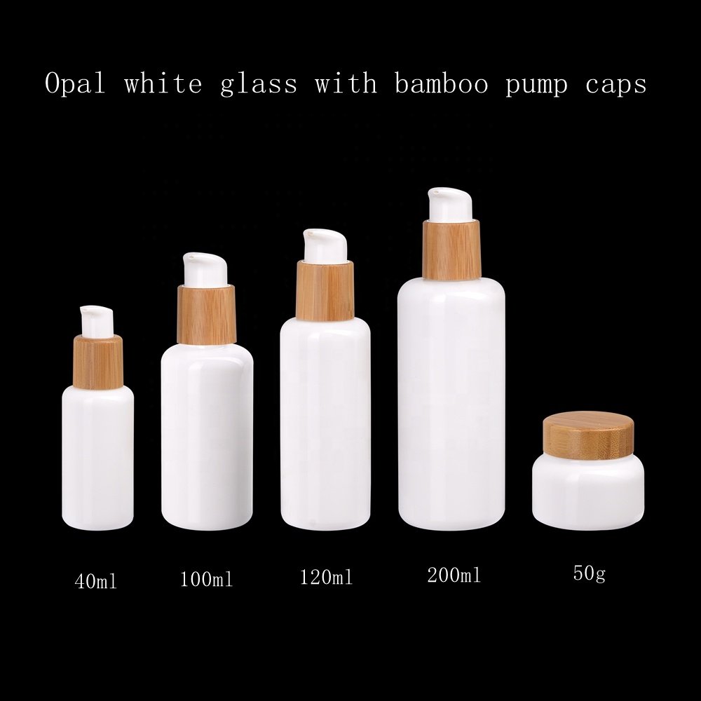 100ml opal glass bottle opaque white bottle with 24/410 bamboo wood plastic switch on-off lotion pump for cosmetic body lotion