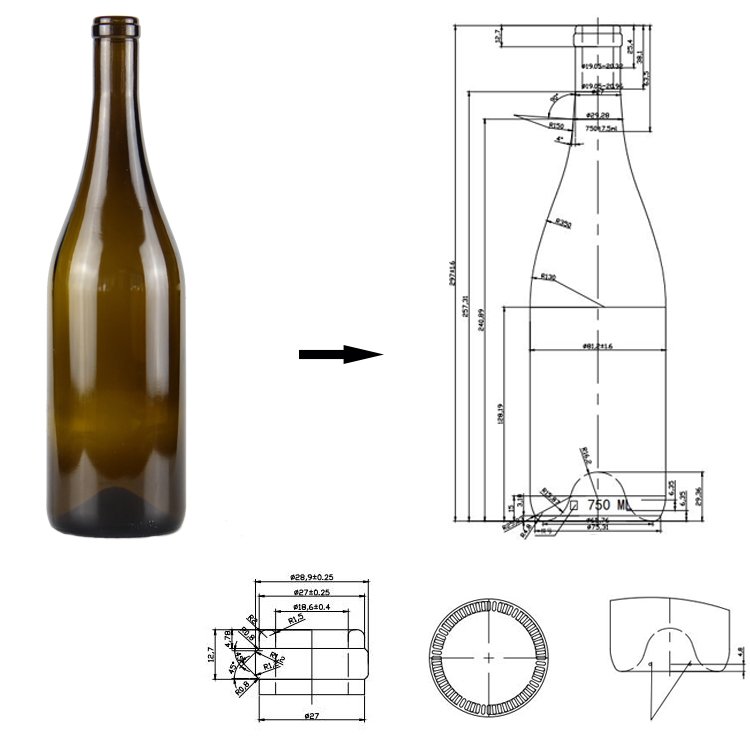 Cork Finish Burgundy Wine Glass Bottle 750ml